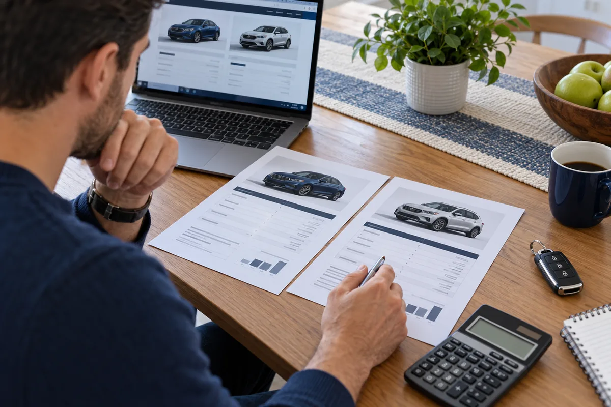 Buyer comparing auto financing terms and total used-car loan cost