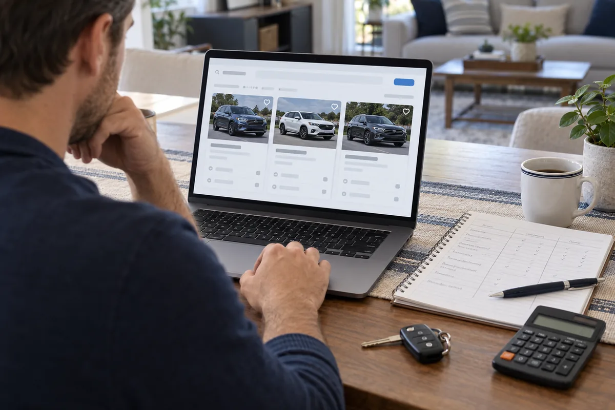 Buyer comparing used-car market prices and vehicle listings