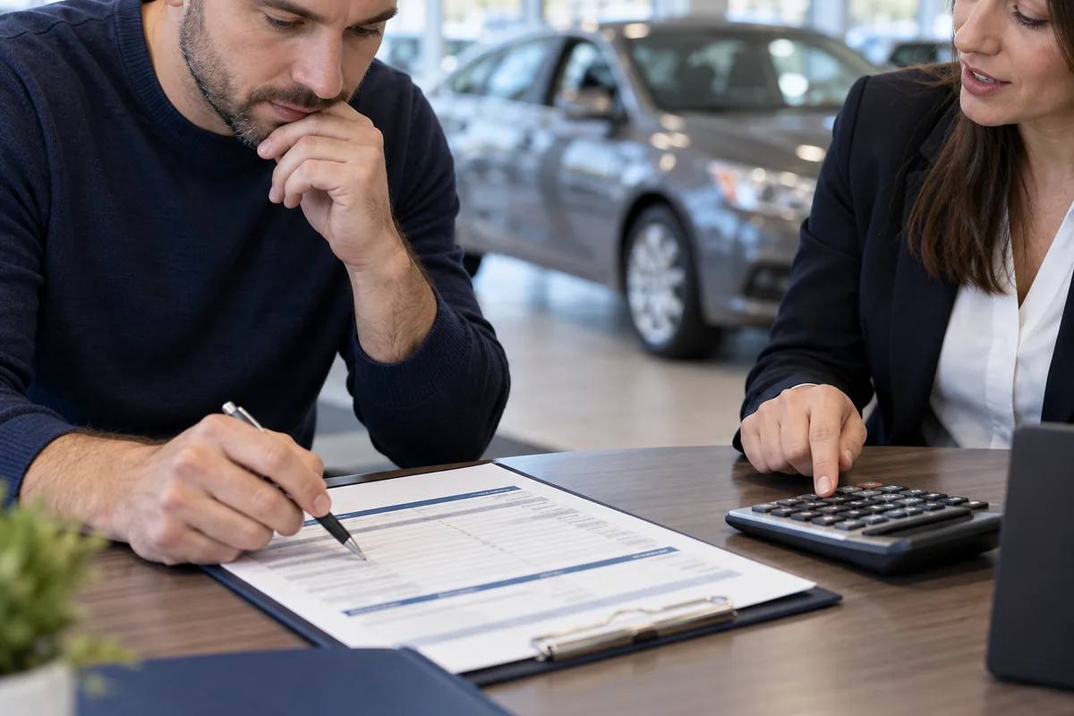 Buyer reviewing an itemized used-car out-the-door price quote